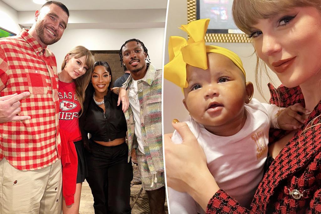 Taylor Swift holds WAG Chariah Gordon's baby at Chiefs game