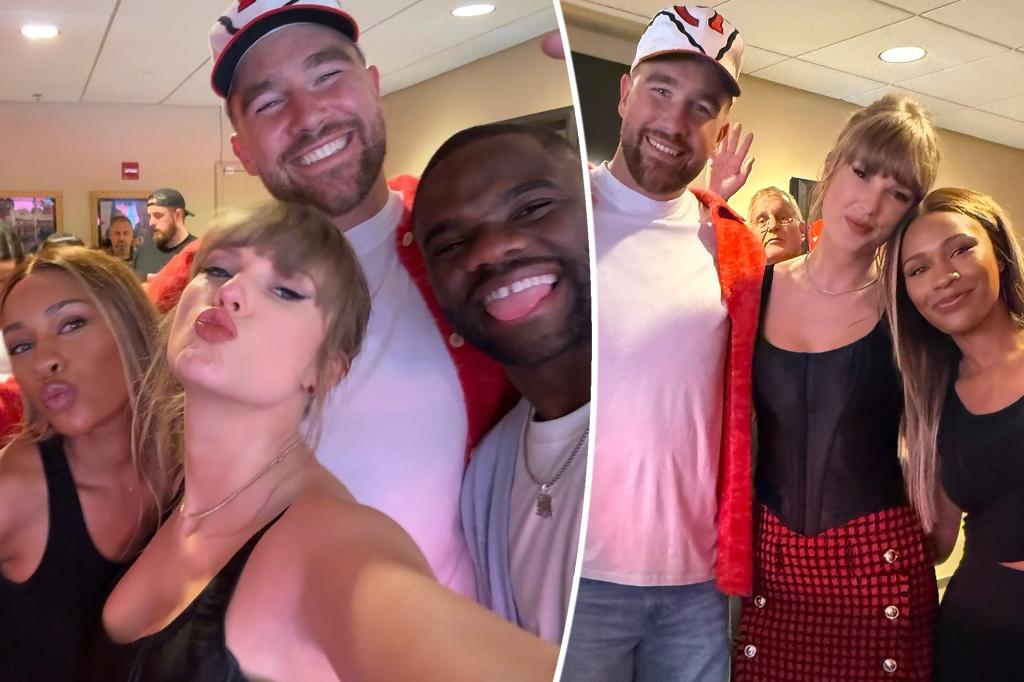 Taylor Swift and Travis Kelce pose with pals inside suite after Chiefs' win