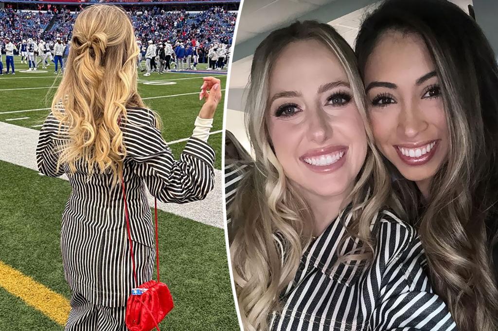 Brittany Mahomes pairs striped suit with hair bow at Chiefs vs. Bills game