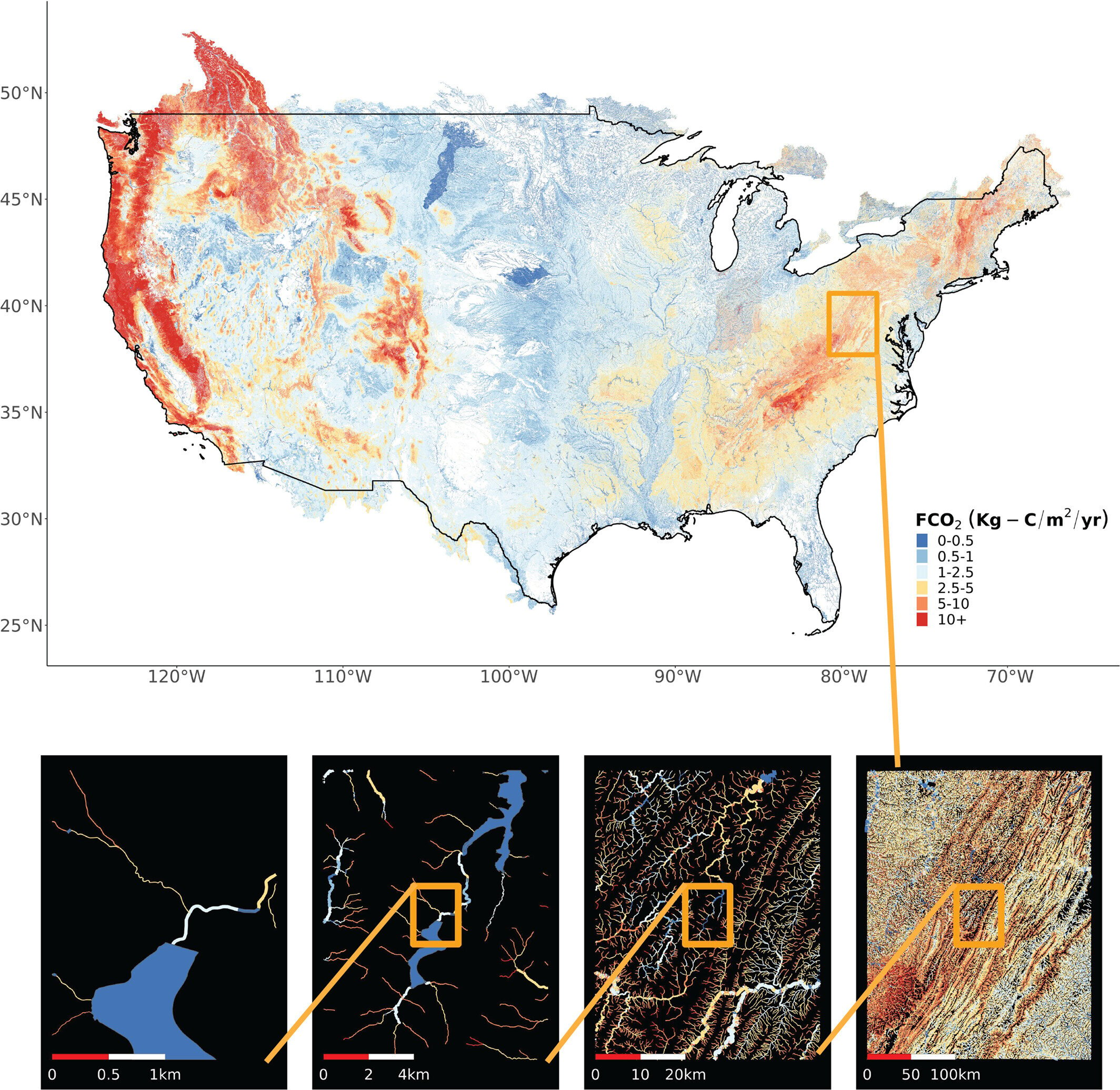 New research estimates carbon emissions from 22 million stream reaches across the US