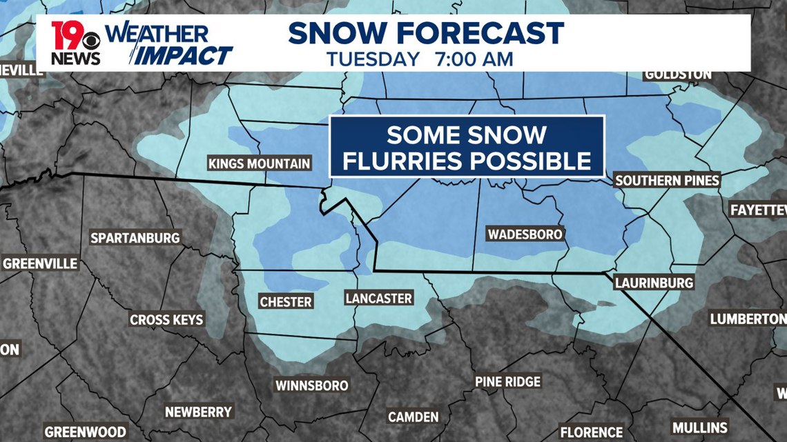 Snow flurries possible for parts of South Carolina early Tuesday