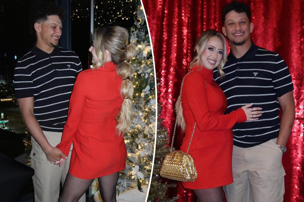 Pregnant Brittany Mahomes and husband Patrick cuddle up for Chiefs holiday party