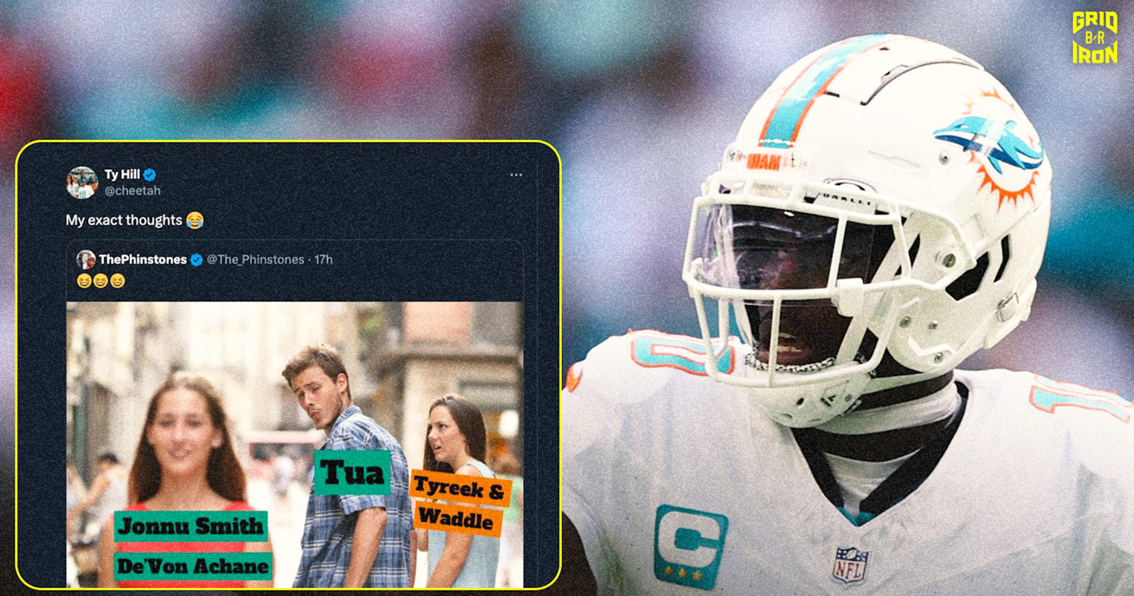 Dolphins' Tyreek Hill Jokes About Viral Meme of Tua, Jaylen Waddle, Achane and Jonnu