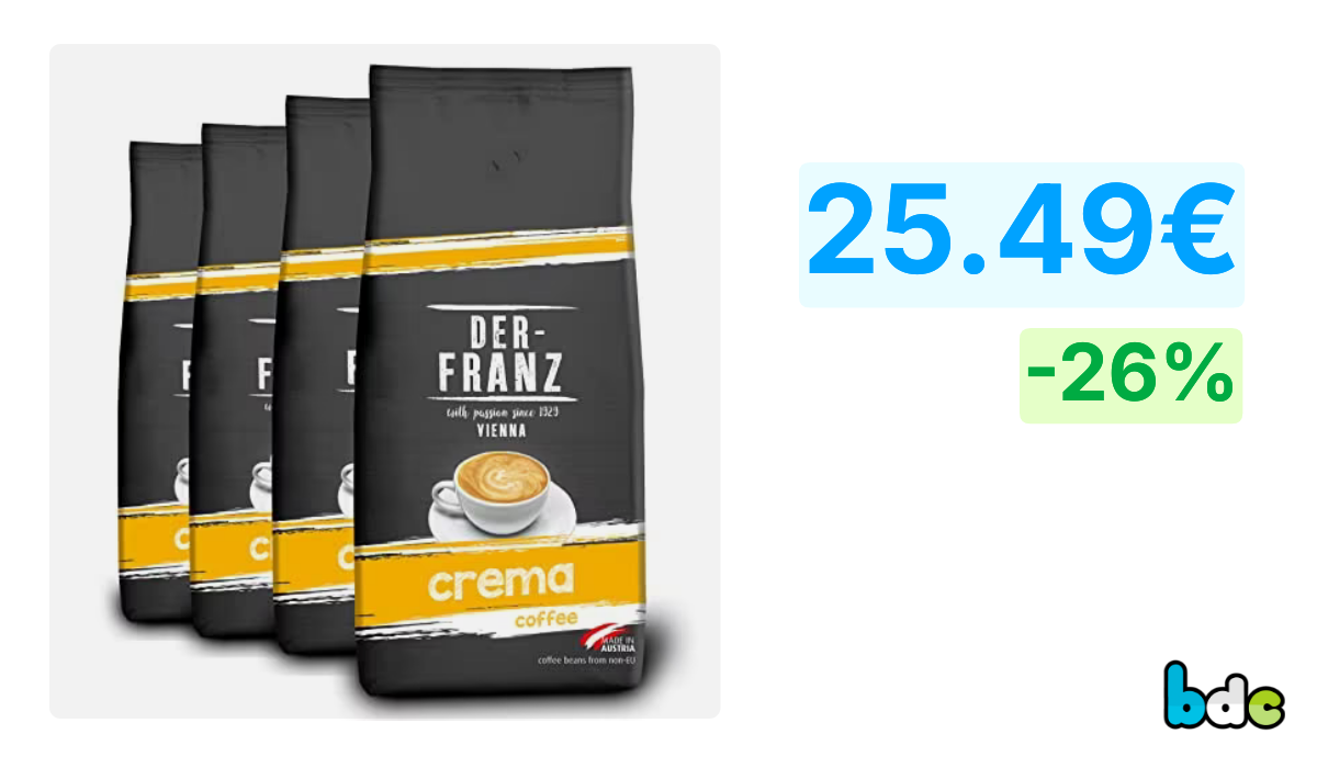 Der-Franz Crema Café, granos enteros, 4x1000g – 25.49€ – 26% descuento.